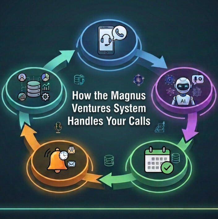 From Incoming Call to Booked Appointment Workflow diagram showing how the Magnus Ventures system answers calls, qualifies leads, and books appointments automatically.